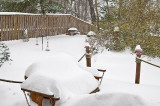 Backyard deck and raised garden covered in snow