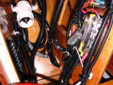 Major split loom-enclosed runs entering helm area from below or making low passes below.  Blower hose removed for visibility.