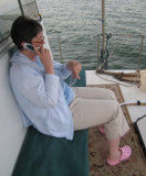 Becky dialoging with sister Lisa, front deck of the NanSea,