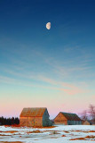 Sunrise Moon Over Two Barns 14505