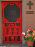 Red door with skull