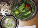 Oyster mushrooms, coriander roots, and cucumber relish ingredients