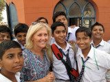 Anne with schoolboys at the Red Fort in Delhi