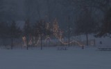 village scene through snowstorm