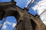 Looking up at the eastern pillars of the Brooklyn Bridge