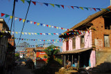 Colored pennants strung around the road, Dhulikhel