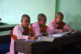 Monks and nuns attend the same school but sit on opposite sides of the classrom