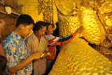 Devote Burmese Buddhist applying additional gold leaf to the Mahamuni Buddha image