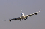 Airbus A380 turning final, gear down, for landing, Dubai