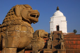 Stone Lions east of Durbar Square with Fasidega Temple, Bhaktapur