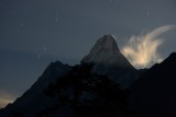 Ama Dablam, moonlit cloud, moonbeams & star trails