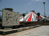 Graffitied sculpture and Pyramid