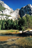 Merced River and shadowed Yosemite Falls