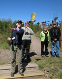 Songbird-bander Kaitlin, releasing a Northern Flicker
