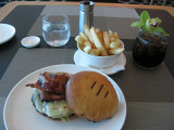 Melbourne Qantas first lounge hamburger and chips