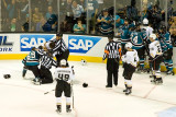 Andrew Desjardins gets a penalty for fighting and a game misconduct while Matt Beleskey gets a fighting penalty