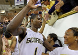 Georgia Tech G Shumpert celebrates with fans after the victory over Miami