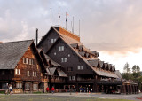 Old Faithful Lodge at sunset in Yellowstone National Park