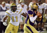 Tech LB Brandon Watts bears down on WCU QB Zac Brindise