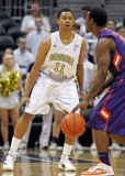 Georgia Tech G Aaron Peek squares up on defense in front of a Clemson ball handler