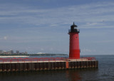 The pier light from the cruise with part of Milwaukee in the background