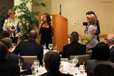 Dick and Sonja Judys daughter Jolie J. Davis speaking to the guests at Dicks Celebration of Life luncheon