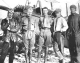 1917 - Pilots Roger Jannus, Phil Rader, W. A. Spratt, Joe Bennett and Roland Rolf with biplane at Glenn Curtiss Flying School