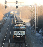The DPU pushers on the rear of 76J clear the crossover at North Wye 