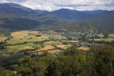 Mt Bogong (L) and Mt Beauty township from the Tawonga Gap