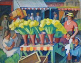 Back in London, flower sellers, 1930s, by Jan Gordon. The family on the right hand side may represent Doris, Pamela and Denis.  