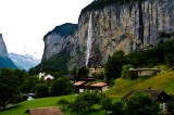 Waterfall into Swiss village