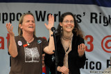 Sherri Quammen (left), and Mandalyn May  lead a sing-along version of If I Had a Hammer