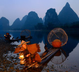 Cormorant fisherman starting lamp with birds on bamboo raft at dawn on the shore of the Li river Yangshuo China