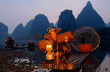 Fisherman moving cormorant by the head on a bamboo raft by the shore of the Li river Yangshuo China