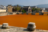 Stone moorings and bridge with bright red algae scum on Longxi river in Chengkan village China