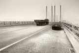 Qingdao.The Haiwan Bridge in the mist.