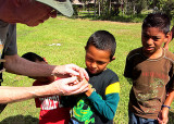 Leif showing young boy how to hold a bird.