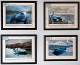 A series of paintings of Bluebird K7, in the Bluebird Cafe at Coniston Lake