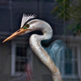 Antique wooden Blue Heron in a shop window on the 4th of july.