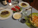 fettucini with black olive pesto, herring with cukes and peppers, cabbage salad