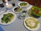 fettucini with broccoli, herring with olives and cukes, sald, pear and goat cheese
