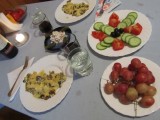 mushroom omelette, herring with cream & pickles, sliced vegetable salad, globe grapes