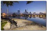 Park Bench with a view of Austin Skyline - foggy morning