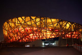 A night view of the Beijing National Stadium, known as the Bird's Nest Stadium, which was built for the 2008 Beijing Olympics.