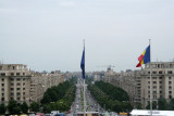 View from the balcony of the Royal Palace looking down on the fountains of Unirii Boulevard.