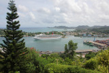 View from St. Marks of the Carnival Victory cruise ship moored in the harbor at Castries, St. Lucia.