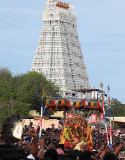 Lord Subramanyam [Murugan] has emerged from His Skanda Sashti Mandapam. Skanda Sashti at Tiruchendur.