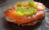 bread, salmon, lemon, wasabi green caviar