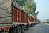 Indian trucks backed up waiting to cross into Pakistan