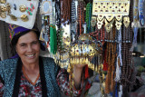 Woman selling traditional jewelry at the Trkmenabat Bazar
